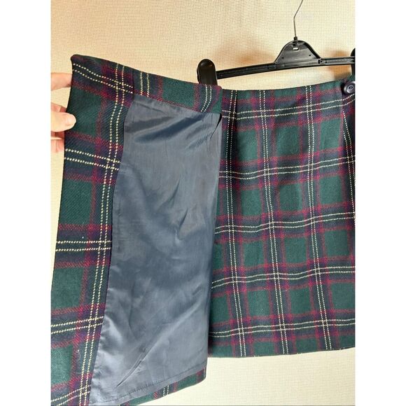 Preppy Wool Plaid Wrap Skirt Green Burgundy Tartan Mini - Picture 8 of 9